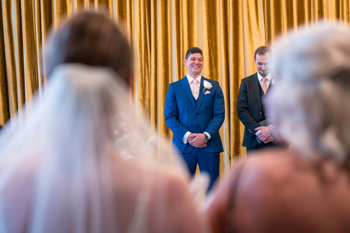 Ottawa Wedding Photographer Sara VD-1132645 ❥ Ottawa Wedding Photographer Groom seeing bride walk down the aisle by Ottawa Wedding Photographer Sara