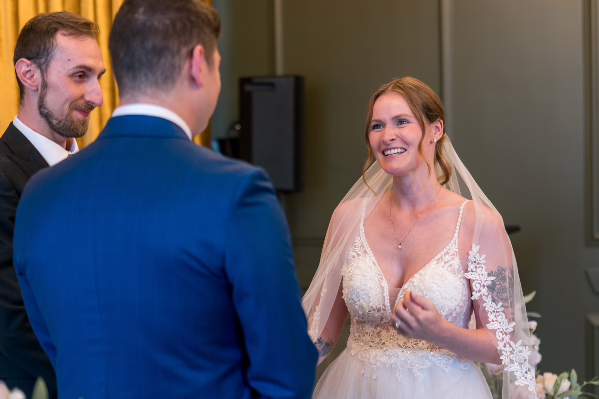 Ottawa Wedding Photographer Sara VD-1132666 ❥ Ottawa Wedding Photographer Bride happy at altar during ceremony by Ottawa Wedding Photographer Sara